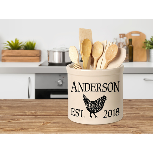 Personalized Chicken 2 Gallon Crock w/ Black Etching in a Setting.