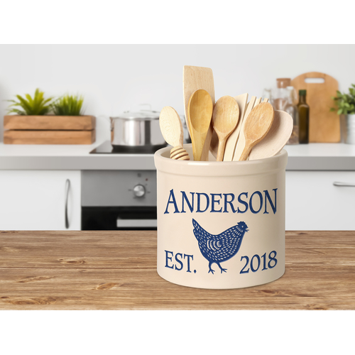 Personalized Chicken 2 Gallon Crock w/ Dark Blue Etching in a Setting.