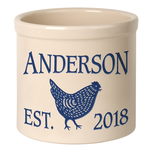 Personalized Chicken 2 Gallon Crock with Dark Blue Etching