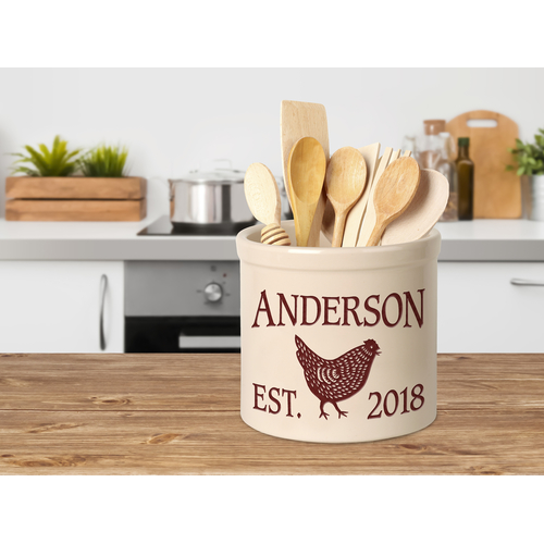 Personalized Chicken 2 Gallon Crock w/ Red Etching in a Setting.