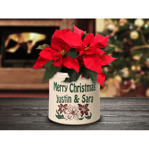 Personalized Poinsettia 2 Gallon Crock w/ Multi-Color Etching in a Setting.