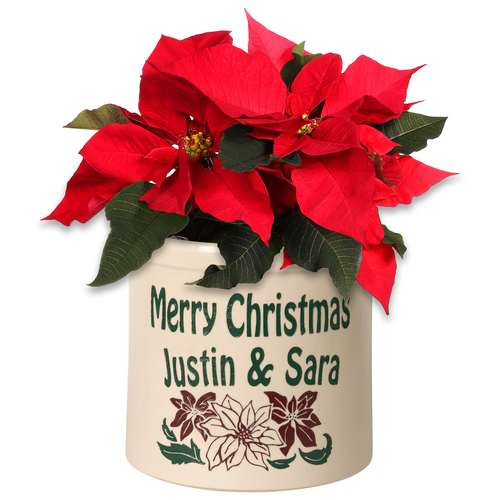 Personalized Poinsettia 2 Gallon Crock w/ Multi-Color Etching in use