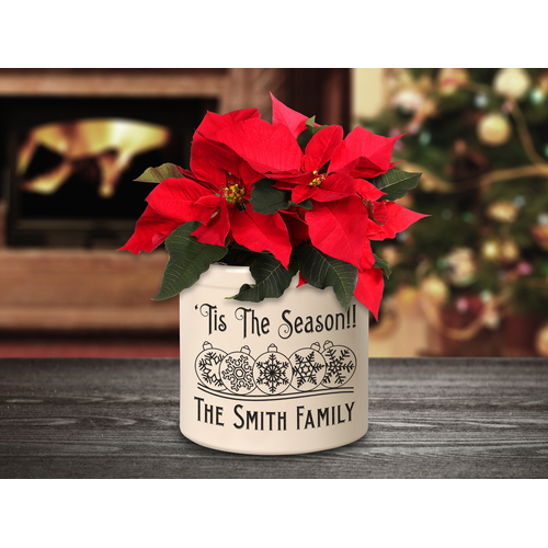 Personalized Snowflake Ornament 2 Gallon Crock w/ Black Etching in a Setting.
