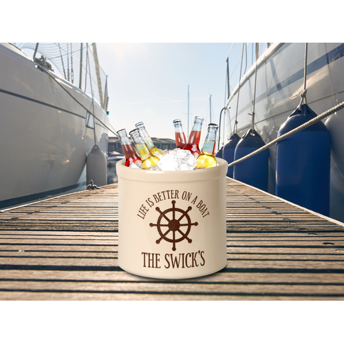 Personalized Life Is Better On A Boat 2 Gallon Crock w/ Brown Etching in use