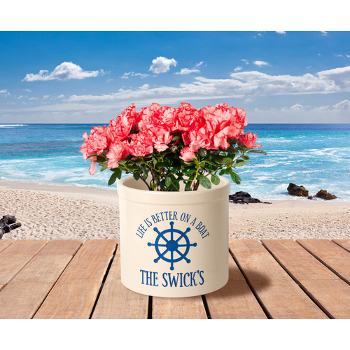 Personalized Life Is Better On A Boat 2 Gallon Crock w/ Dark Blue Etching in use