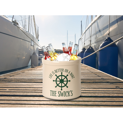 Personalized Life Is Better On A Boat 2 Gallon Crock w/ Green Etching in use