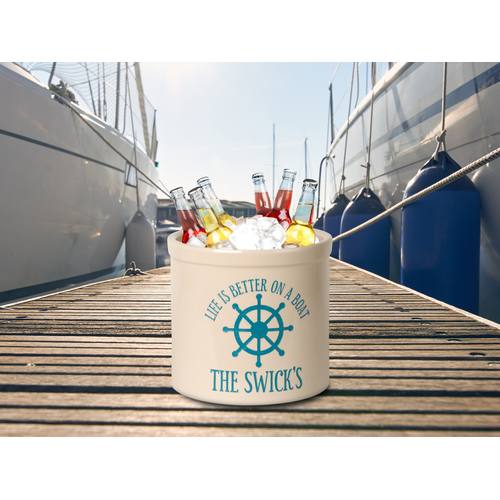 Personalized Life Is Better On A Boat 2 Gallon Crock w/ Sea Blue Etching in use