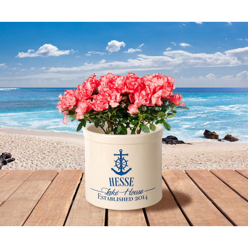 Personalized Anchor Lake House Established 2 Gallon Crock w/ Dark Blue Etching in use