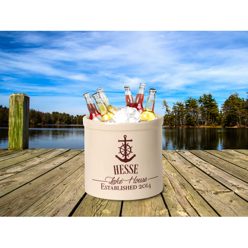 Personalized Anchor Lake House Established 2 Gallon Crock w/ Red Etching in use