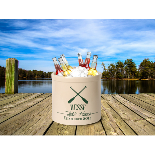 Personalized Oars Lake House Established 2 Gallon Crock w/ Green Etching in use