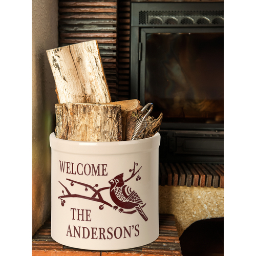 Personalized Deco Cardinal Welcome 2 Gallon Crock w/ Red Etching in use