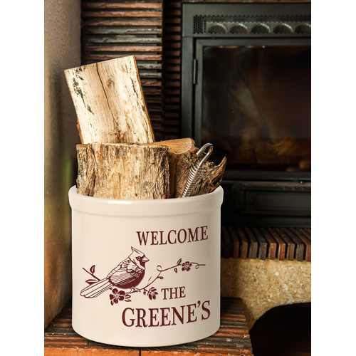 Personalized Perched Cardinal Welcome 2 Gallon Crock w/ Red Etching in use
