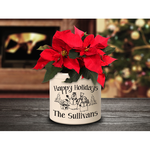Personalized Snowman Family 2 Gallon Crock w/ Black Etching in a Setting.