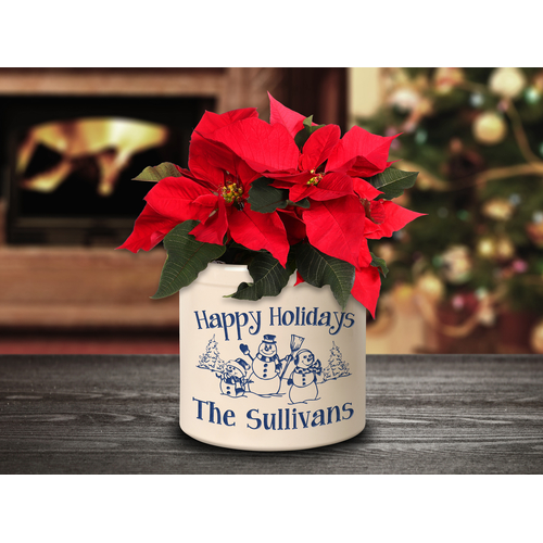 Personalized Snowman Family 2 Gallon Crock w/ Dark Blue Etching in a Setting.
