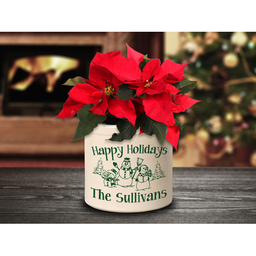 Personalized Snowman Family 2 Gallon Crock w/ Green Etching in a Setting.