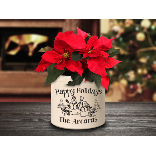 Personalized Snowman Family Two Child 2 Gallon Crock w/ Black Etching in a Setting.
