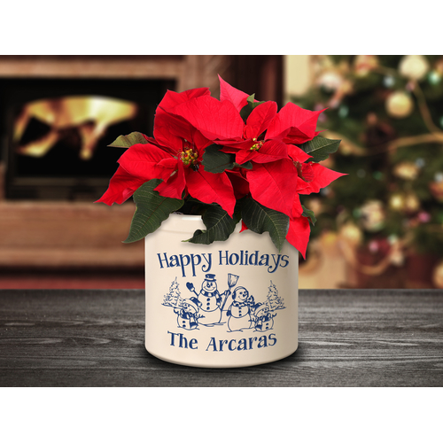 Personalized Snowman Family Two Child 2 Gallon Crock w/ Dark Blue Etching in a Setting.