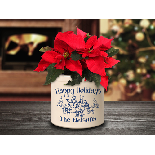 Personalized Snowman Family Three Child 2 Gallon Crock w/ Dark Blue Etching in a Setting.
