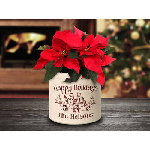 Personalized Snowman Family Three Child 2 Gallon Crock w/ Red Etching in a Setting.