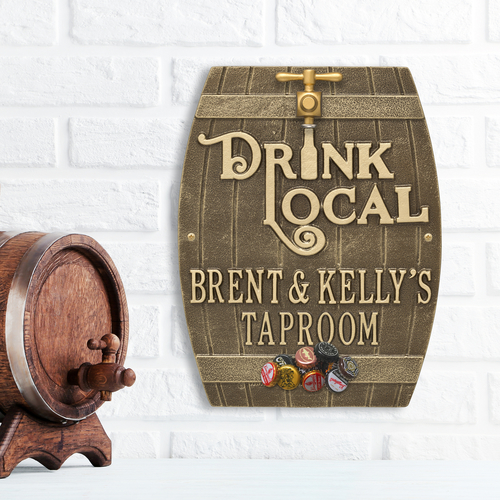 Drink Local Barrel Antique Brass Plaque with a Background