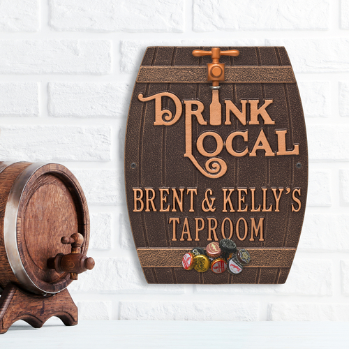 Drink Local Barrel Antique Copper Plaque with a Background