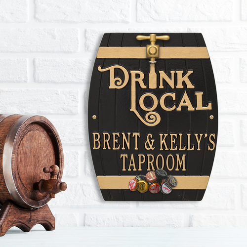 Drink Local Barrel Black & Gold Plaque with a Background