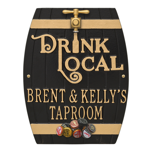 Drink Local Barrel Black & Gold Plaque in use.