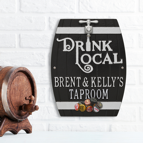 Drink Local Barrel Black & Silver Plaque with a Background