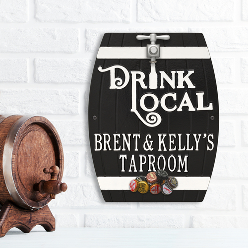 Drink Local Barrel Black & White Plaque with a Background