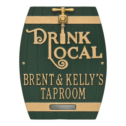 Drink Local Barrel Green & Gold with Two Lines of Texts