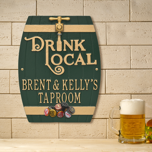 Drink Local Barrel Green & Gold Plaque in use.