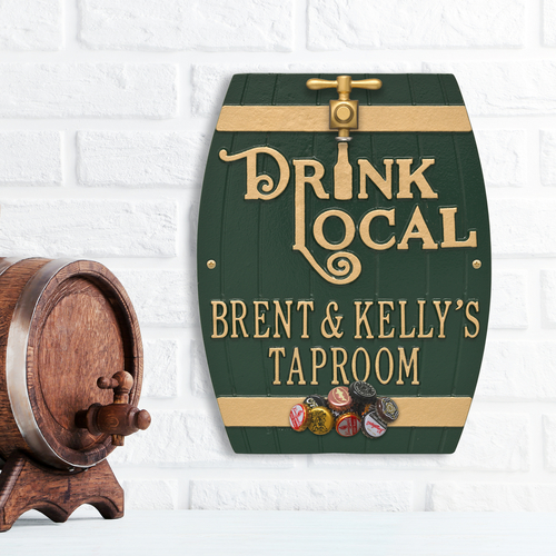 Drink Local Barrel Green & Gold Plaque with a Background