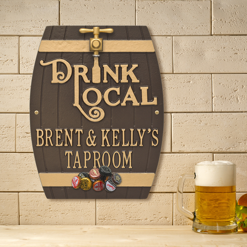 Drink Local Barrel Bronze & Gold Plaque in use.