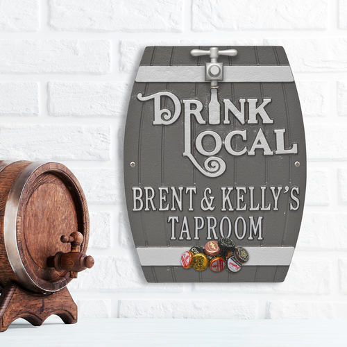 Drink Local Barrel Pewter & Silver Plaque with a Background