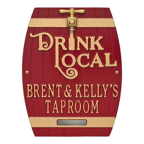Drink Local Barrel Red & Gold with Two Lines of Texts