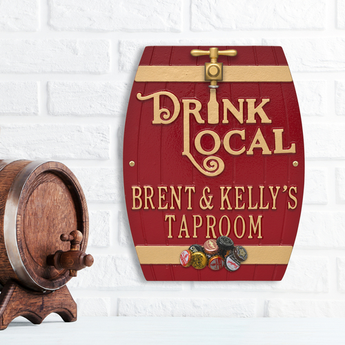 Drink Local Barrel Red & Gold Plaque with a Background