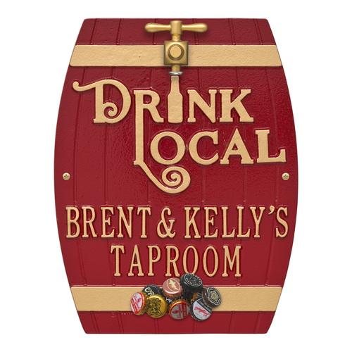 Drink Local Barrel Red & Gold Plaque in use.