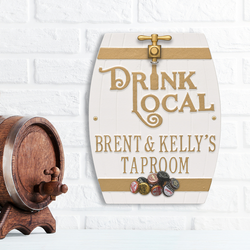 Drink Local Barrel White & Gold Plaque with a Background