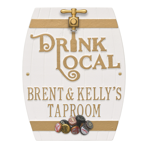 Drink Local Barrel White & Gold Plaque in use.