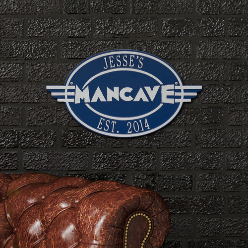 Moderno Man Cave Dark Blue & Silver Plaque in use.