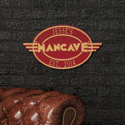 Moderno Man Cave Red & Gold Plaque in use.