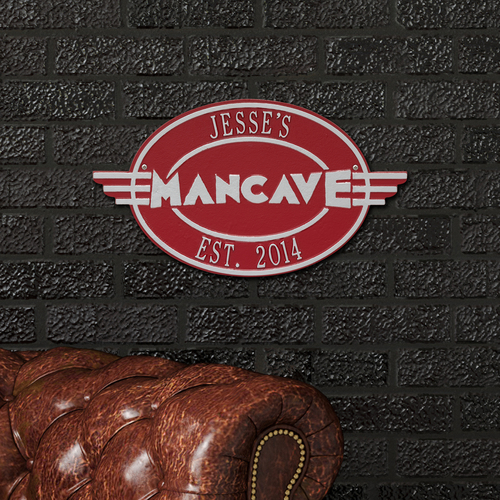 Moderno Man Cave Red & Silver Plaque in use.