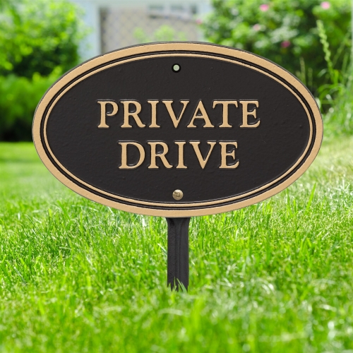 Private Drive Plaque Oval Shape Black & Gold in yard