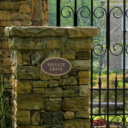Private Drive Plaque Oval Shape Bronze & Gold on wall