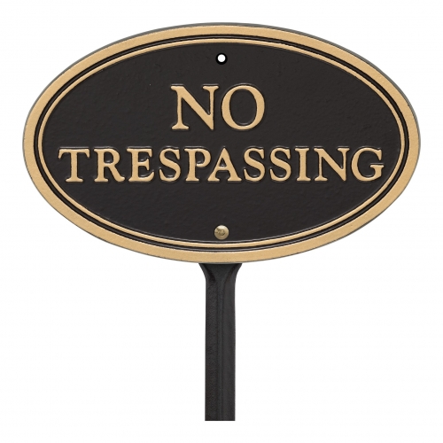 No Trespassing Plaque Oval Shape Black & Gold on stake