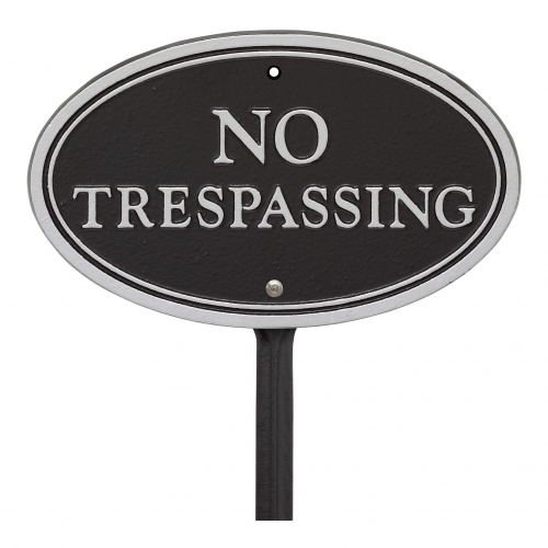No Trespassing Plaque Oval Shape Black & Silver on stake