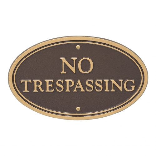 No Trespassing Plaque Oval Shape Bronze & Gold