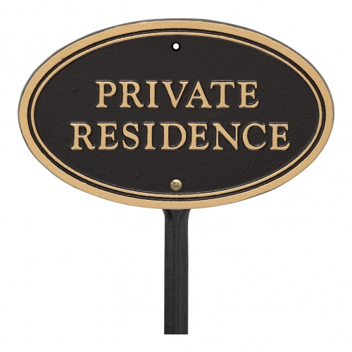 Private Residence Plaque Oval Shape Black & Gold on stake