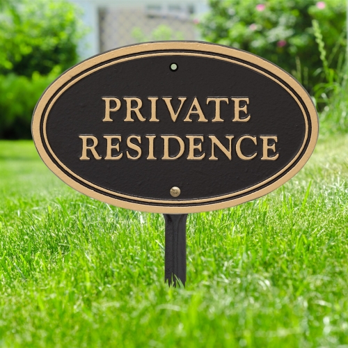 Private Residence Plaque Oval Shape Black & Gold in yard