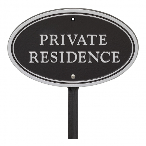 Private Residence Plaque Oval Shape Black & Silver on stake